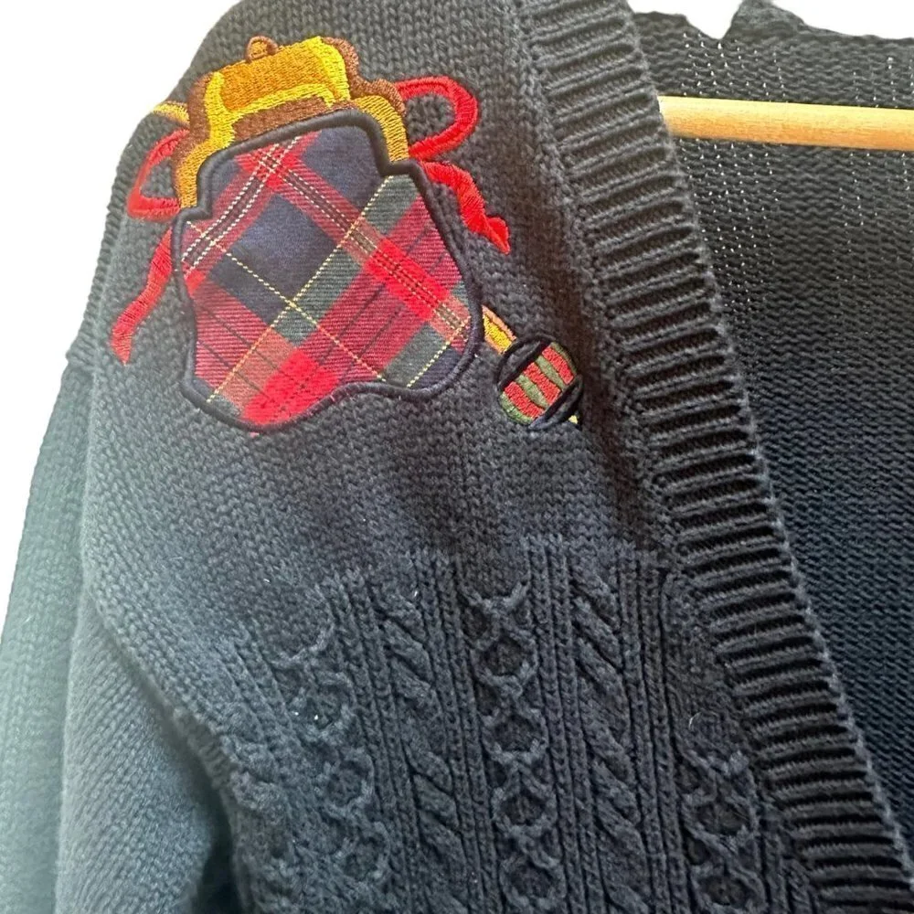 Vintage Pro Golf‎ Cardigan Sweater Blue Chunky Knit Embroidered Cottagecore M - Picture 3 of 6